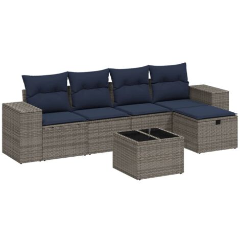 Salon de jardin 6 pcs avec coussins gris résine tressée