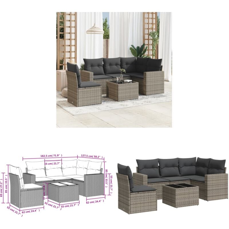 Salon de jardin 6 pcs avec coussins gris résine tressée - Canapé De Jardin - Mobilier De Jardin - Set Salon De Jardin - Résine Tressée - Rotin