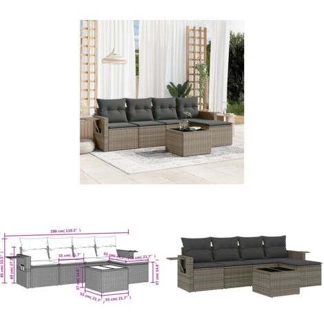 Salon de jardin 6 pcs avec coussins gris résine tressée - Ensemble Salon De Jardin - Meuble Extérieur - Jardin Design - Mobilier De Jardin - Chaise Longue - Home & Living