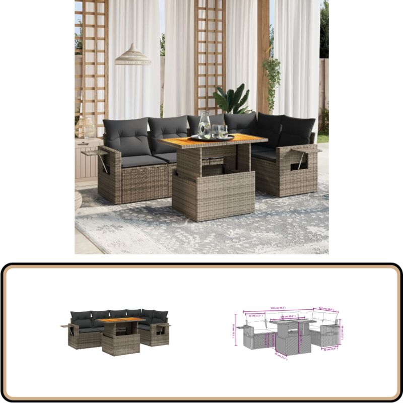 Salon de jardin 6 pcs avec coussins gris résine tressée - Ensemble Salon De Jardin - Meuble Extérieur - Résine Tressée - Rotin Synthétique - Table
