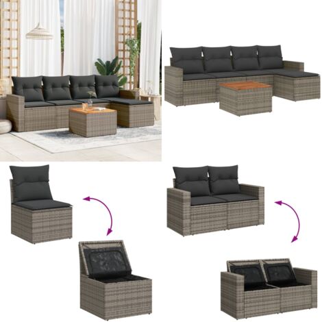 Salon de jardin 6 pcs avec coussins gris résine tressée - Ensemble Salon De Jardin - Mobilier De Jardin - Canapé Extérieur - Set De Jardin - Chaise Lounge - Home & Living