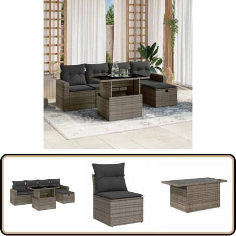 Salon de jardin 6 pcs avec coussins gris résine tressée - Ensemble Salon De Jardin - Mobilier De Jardin - Salon Extérieur - Table Basse Extensible - Chaise Longue