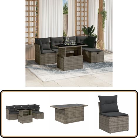 Salon de jardin 6 pcs avec coussins gris résine tressée - Ensemble Salon De Jardin - Mobilier De Jardin - Salon Extérieur - Table De Jardin Extensible - Chaise Longue