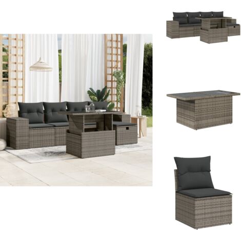 Salon de jardin 6 pcs avec coussins gris résine tressée - Ensemble Salon De Jardin - Mobilier De Jardin - Table De Jardin Extensible - Chaise Lounge - Fauteuil De Jardin