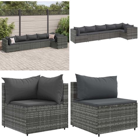 Salon de jardin 6 pcs avec coussins Gris Résine tressée - Ensemble Salon De Jardin - Salon De Jardin Extérieur - Meuble De Jardin - Canapé D'angle - Canapé Extérieur - Home & Living
