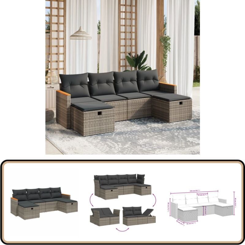 Salon de jardin 6 pcs avec coussins gris résine tressée - Ensemble Salon De Jardin - Salon De Jardin Extérieur - Mobilier De Jardin - Canapé Jardin