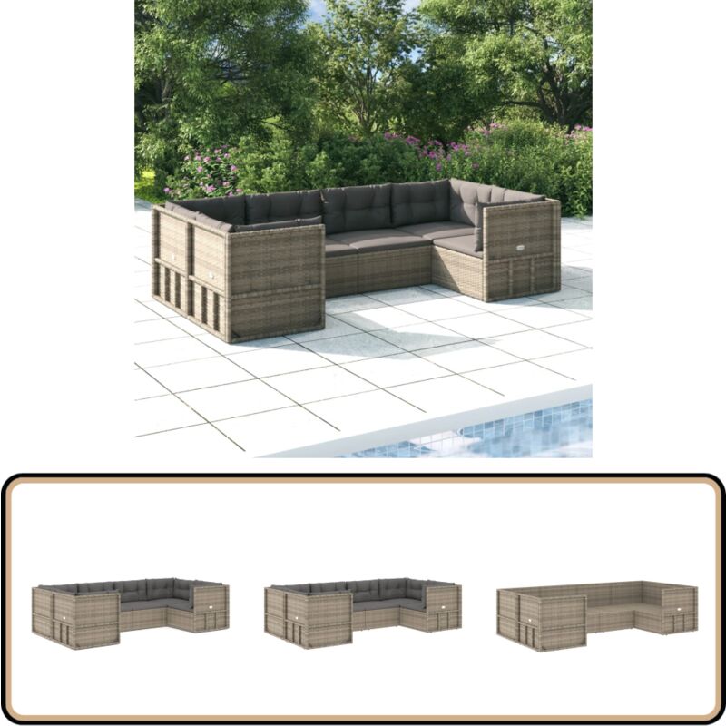 Salon de jardin 6 pcs avec coussins Gris Résine tressée - Salon De Jardin - Mobilier De Jardin - Ensemble Salon Extérieur - Meubles De Jardin - Set