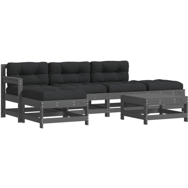 Salon de jardin 6 pcs avec coussins gris bois massif