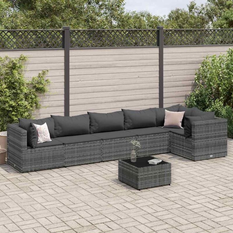 Salon de jardin 7 pcs avec coussins Gris Résine tressée - Vidaxl