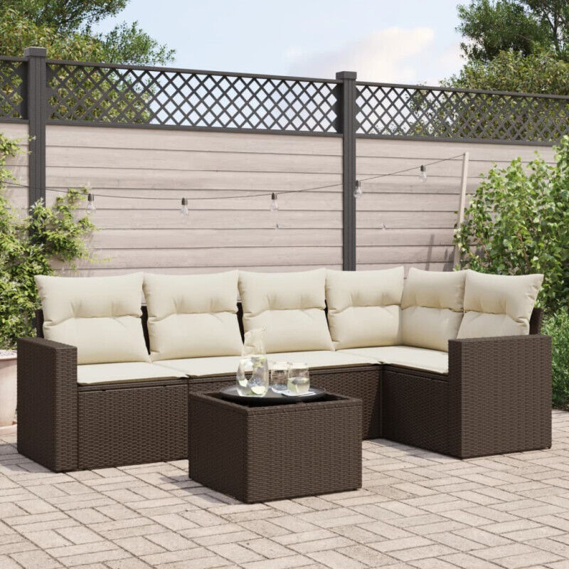 Salon de jardin avec coussins 6 pcs marron résine tressée - Vidaxl