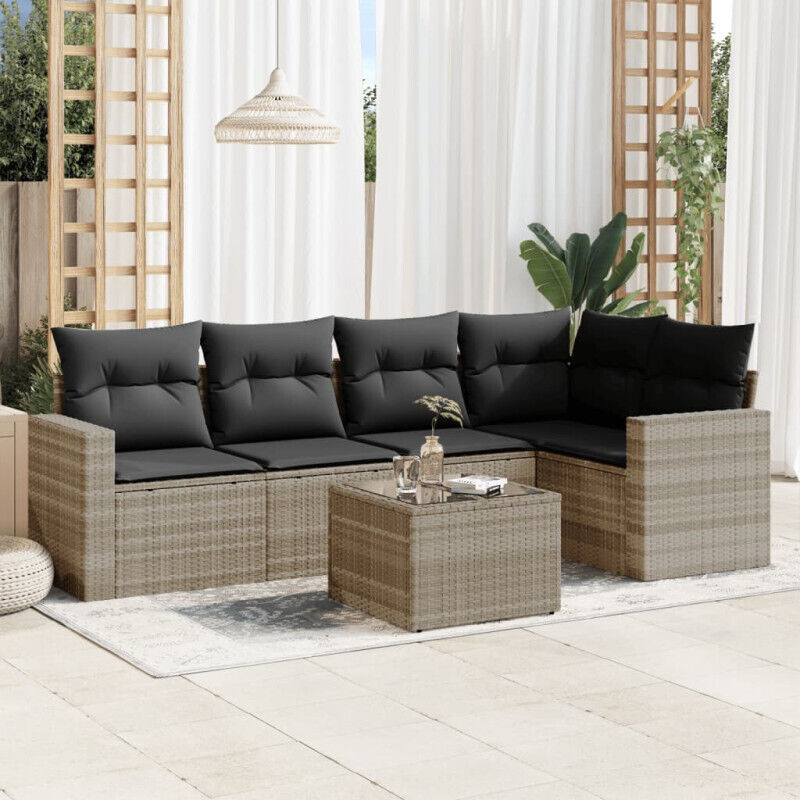 Salon de jardin 6 pcs avec coussins gris clair résine tressée - Vidaxl