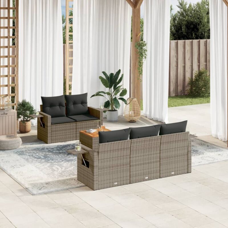 Salon de jardin 6 pcs avec coussins gris résine tressée - Vidaxl