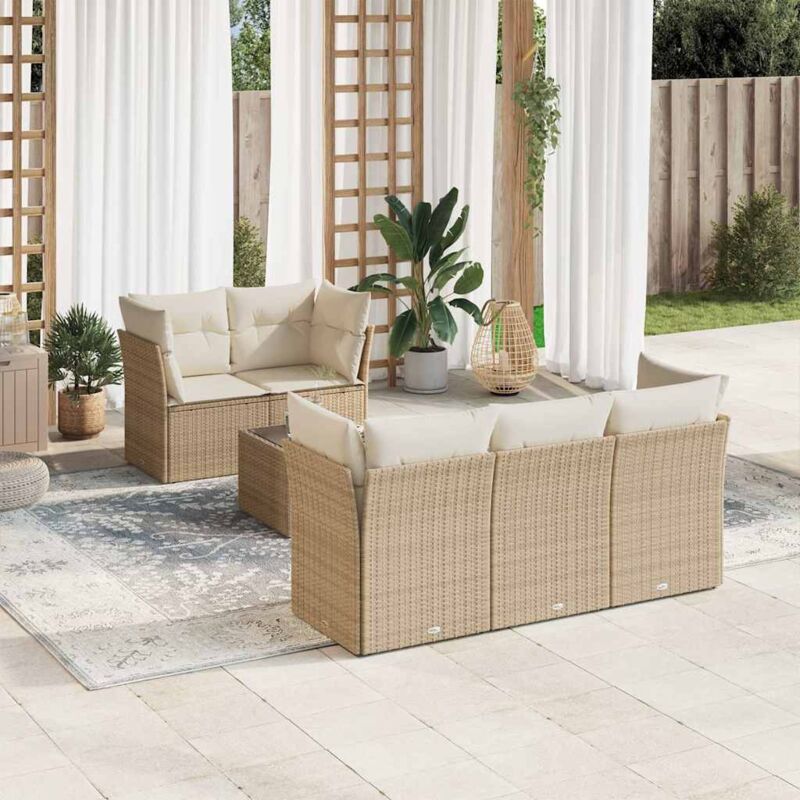 Salon de jardin vidaXL avec coussins 6 pcs beige r&eacute;sine tress&eacute;e