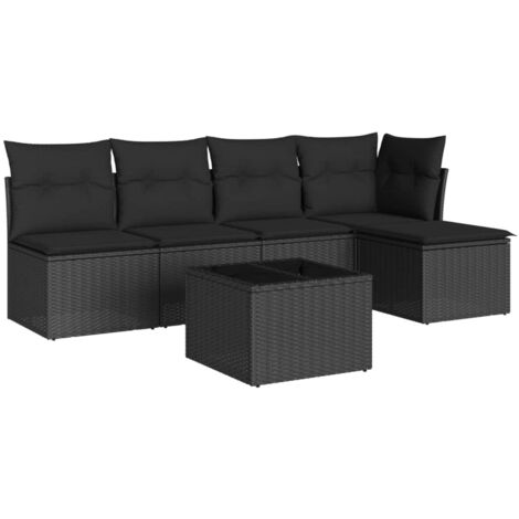 Salon de jardin 6 pcs avec coussins noir résine tressée