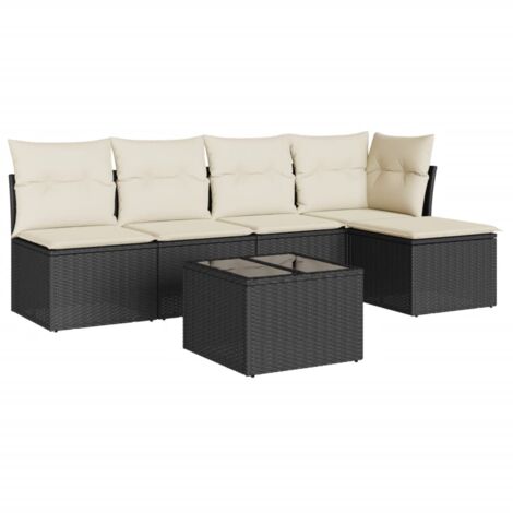 Salon de jardin 6 pcs avec coussins noir résine tressée