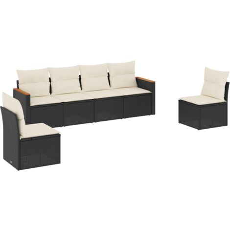 Salon de jardin 6 pcs avec coussins noir résine tressée