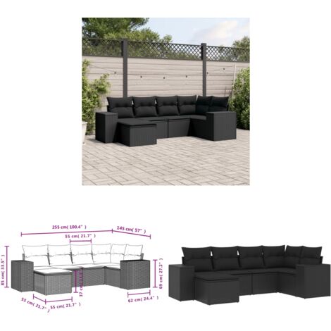Salon de jardin 6 pcs avec coussins noir résine tressée - Ensemble Salon De Jardin - Meuble Extérieur - Jardin Design - Mobilier De Jardin - Chaise Longue - Home & Living