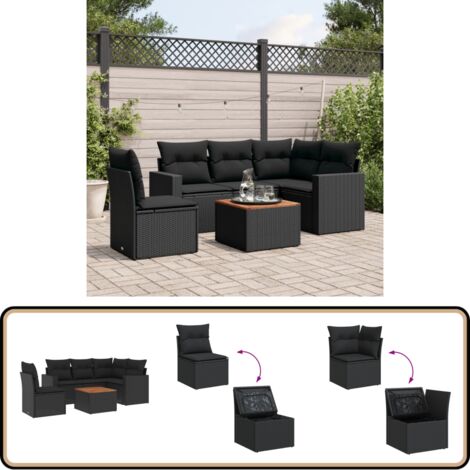 Salon de jardin 6 pcs avec coussins noir résine tressée - Ensemble Salon De Jardin - Mobilier De Jardin - Canapé Extérieur - Set De Jardin - Chaise Lounge
