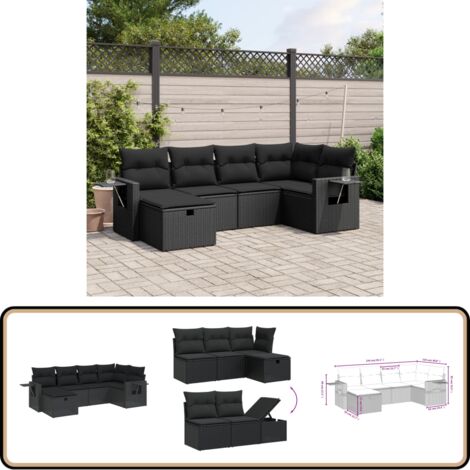 Salon de jardin 6 pcs avec coussins noir résine tressée - Ensemble Salon De Jardin - Mobilier De Jardin - Salon Extérieur - Chaise Longue - Table Basse