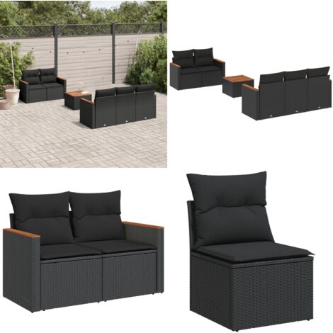 Salon de jardin 6 pcs avec coussins noir résine tressée - Ensemble Salon De Jardin - Mobilier Extérieur - Canapé Jardin - Table Basse Jardin - Chaise Lounge - Home & Living
