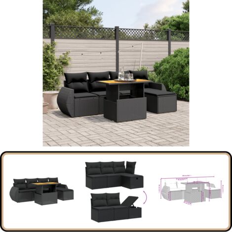 Salon de jardin 6 pcs avec coussins noir résine tressée - Ensemble Salon De Jardin - Mobilier Extérieur - Salon De Jardin Design - Table Basse Extensible - Chaise Lounge