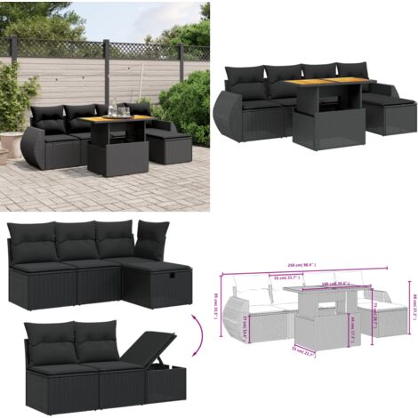 Salon de jardin 6 pcs avec coussins noir résine tressée - Ensemble Salon De Jardin - Mobilier Extérieur - Salon De Jardin Design - Table Basse Extensible - Chaise Lounge - Home & Living