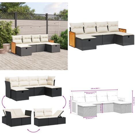 Salon de jardin 6 pcs avec coussins noir résine tressée - Salon De Jardin - Mobilier Extérieur - Salon D'extérieur - Set De Salon - Chaise Longue - Home & Living