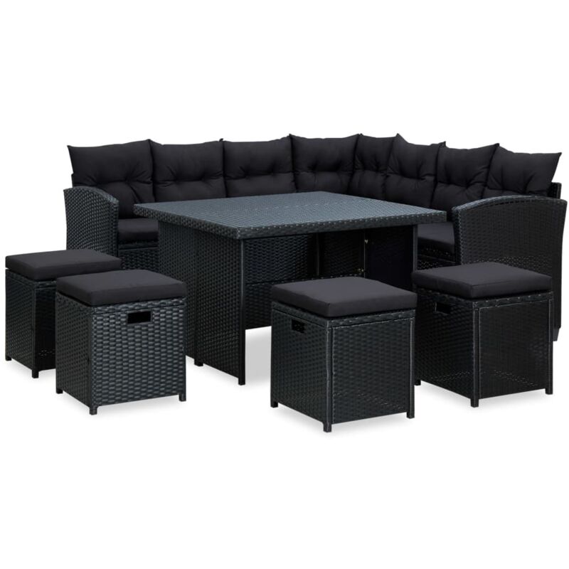 Salon de jardin 6 pcs avec coussins Résine tressée Noir