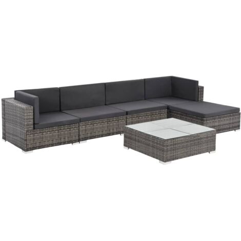 Salon de jardin 6 pcs avec coussins Résine tressée Gris