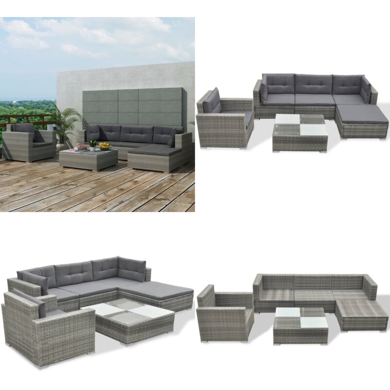 Salon de jardin 6 pcs avec coussins résine tressée gris - Salon De Jardin - Salon Extérieur - Mobilier De Jardin - Canapé D'angle - Set De Salon