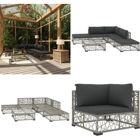 Salon de jardin 6 pcs avec coussins résine tressée gris - Salon De Jardin - Meubles De Jardin - Salon Extérieur - Set De Salon - Canapé Rotin - Home & Living