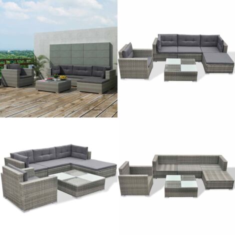 Salon de jardin 6 pcs avec coussins résine tressée gris - Salon De Jardin - Salon Extérieur - Mobilier De Jardin - Canapé D'angle - Set De Salon - Home & Living