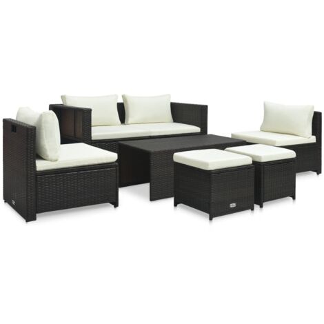 Salon de jardin 6 pcs avec coussins Résine tressée Noir