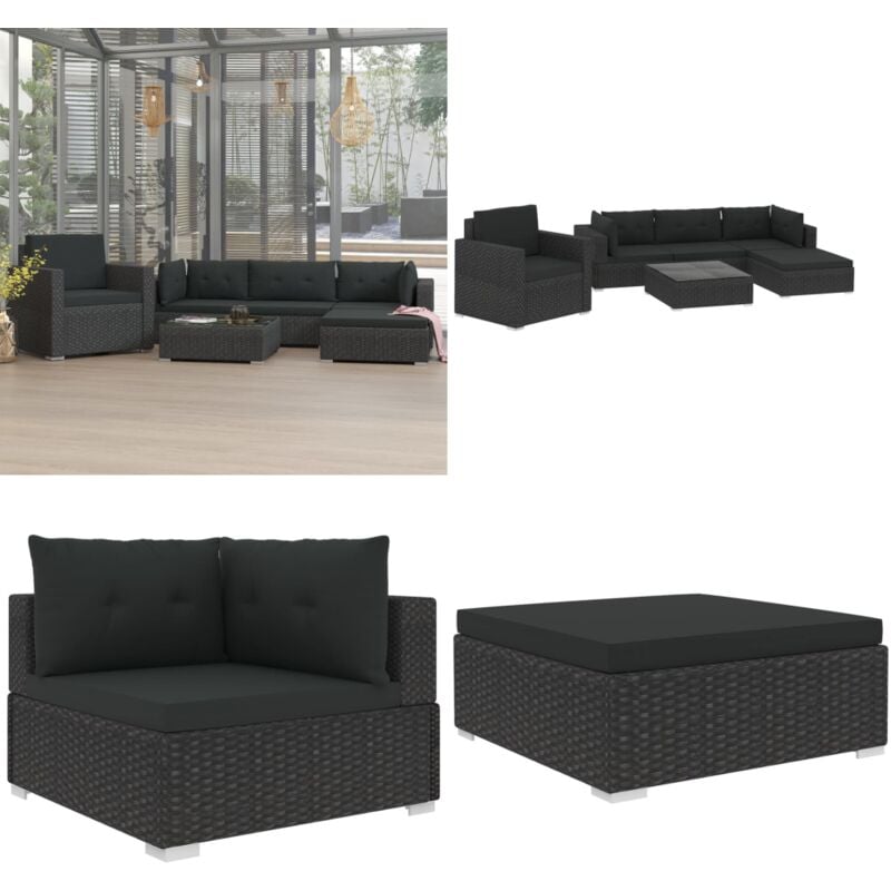 Salon de jardin 6 pcs avec coussins Résine tressée Noir - Salon De Jardin - Meubles De Jardin - Salon Extérieur - Set De Salon - Canapé Rotin - Home
