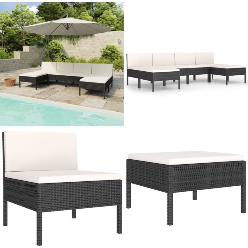 Salon de jardin 6 pcs avec coussins résine tressée noir - Salon De Jardin - Mobilier De Jardin - Set De Jardin - Meubles De Terrasse - Chaise Longue
