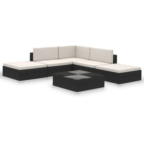 Salon De Jardin 6 Pièces En Résine Tressée Noir Avec Coussins - Table, Banc, Chaises, Tabourets