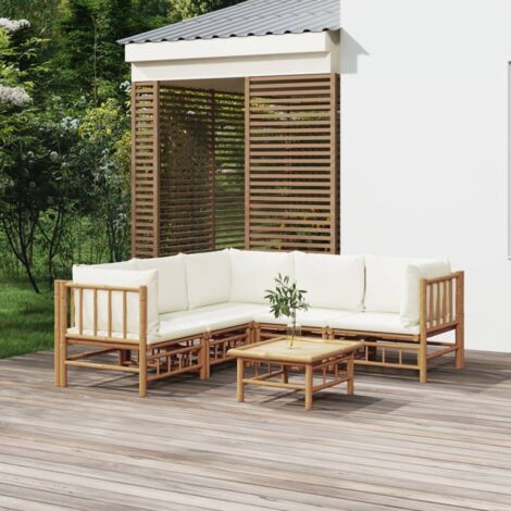 Salon de jardin 6 pcs - Ensemble Table et Chaise de Jardin - avec coussins blanc crème bambou BV372903 - BonneVie