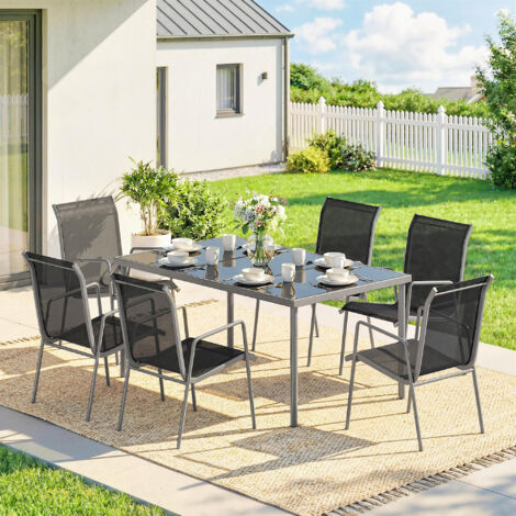 Salon de Jardin 6 Personnes Ensemble Table et Chaises Jardin avec Chaises Empilables en Textilène 70x51x87cm Argent