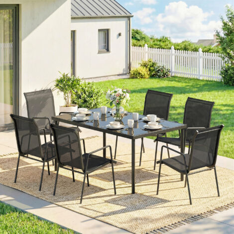 Salon de Jardin 6 Personnes Ensemble Table et Chaises Jardin avec Chaises Empilables en Textilène 70x51x87cm Noir