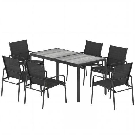 Salon de jardin 6 personnes, table patio effet bois, chaises assise mesh respirant, cadre acier galvanisé, noir
