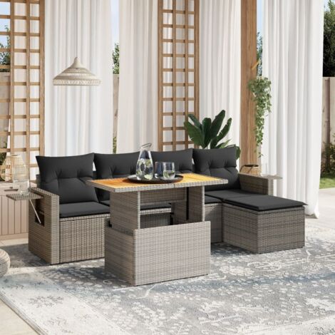 Salon de jardin 6 pièces en résine tressée gris avec coussins amovibles et table extensible