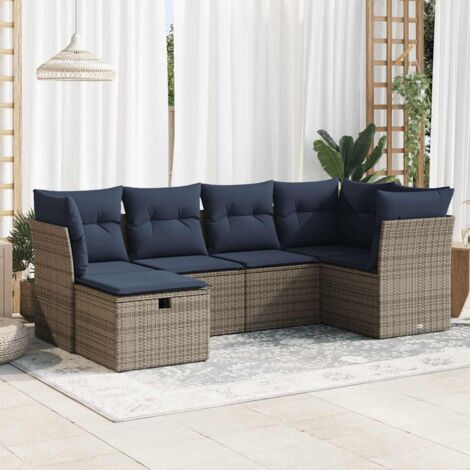Salon de Jardin 6 Pièces en Résine Tressée Gris avec Coussins Bleu Marine, Sièges de Rangement et Pouf
