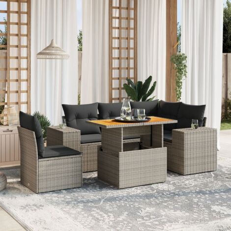 Salon de jardin 6 pièces en résine tressée grise avec table extensible et coussins lavables