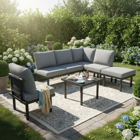 Salon de jardin 6 pièces, piètement acier zingué, pieds réglables, table en verre, coussins assise/dossier inclus, métal et verre, gris