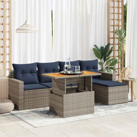Salon de Jardin 6 Pièces Résine Tressée Gris Comprend 2 Canapés, 2 Sièges, 1 Table et 1 Pouf avec Coussins Bleu Marine, Sac de Rangement et Dessus de Table Réglable