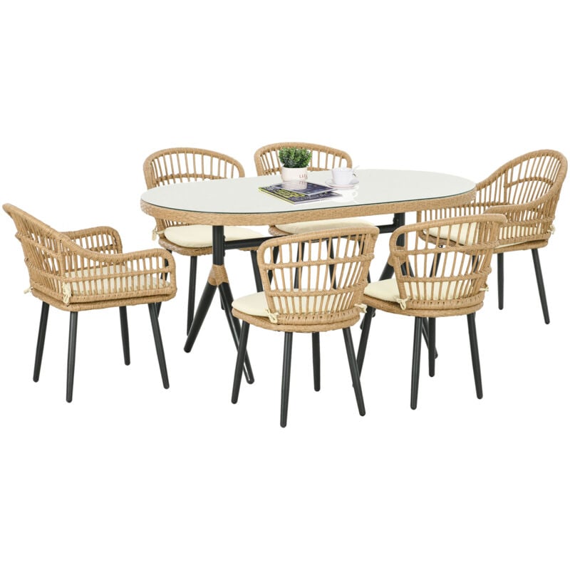 Salon de Jardin 6 places 7 pièces style bohème - 6 chaises, table à manger ovale - coussins inclus