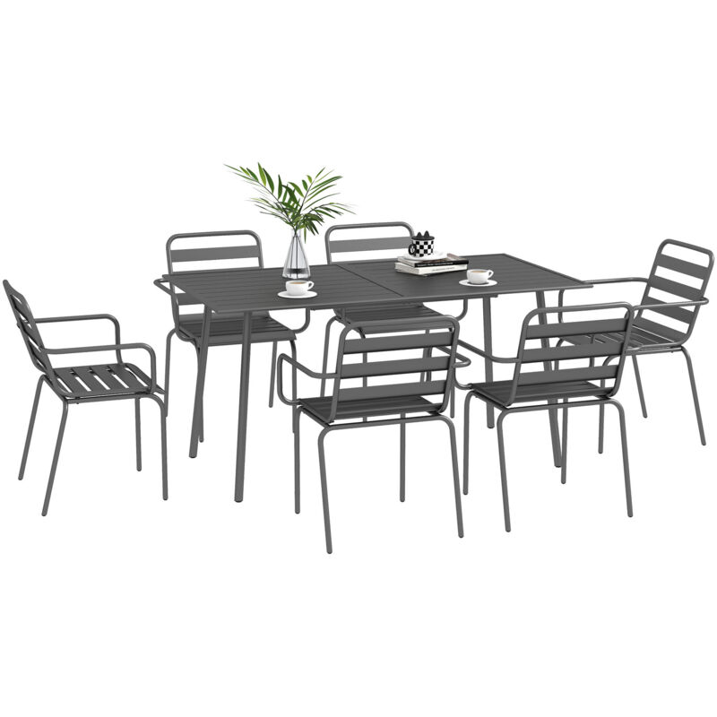 Salon de jardin 6 places 7 pièces - table à manger 6 chaises empilables - acier thermolaqué gris