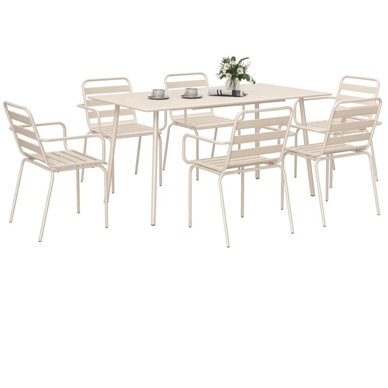 Salon de jardin 6 places 7 pièces - table à manger 6 chaises empilables - acier thermolaqué beige