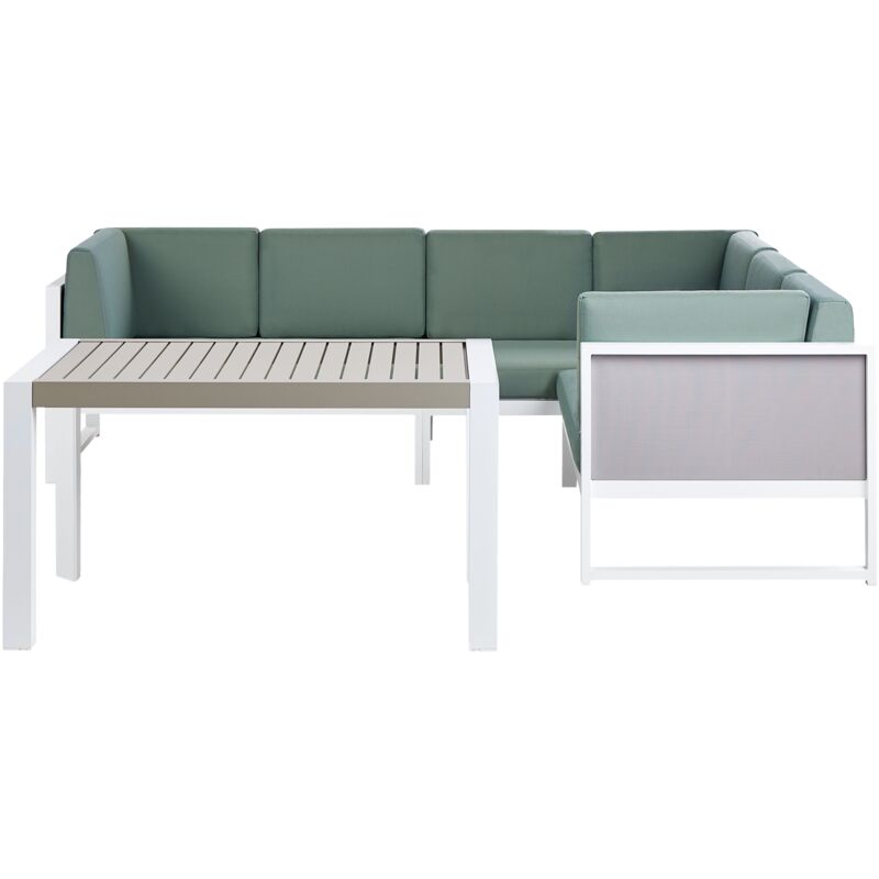 Salon de Jardin 6 Places avec Table Basse Moderne en Aluminium Blanc et Coussins Vert Castella