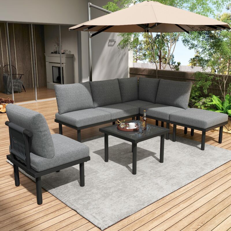 Salon de jardin 6 places – Canapé 2 places + 3 chaises + 1 repose-pieds + 1 table basse – Structure en métal noir avec plateau en verre – Avec